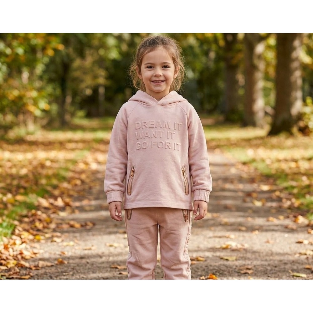 ZARA Hoodie Jogger Set Kids Size 6 Pink Excellent Embossed Rose Gold Tracksuit